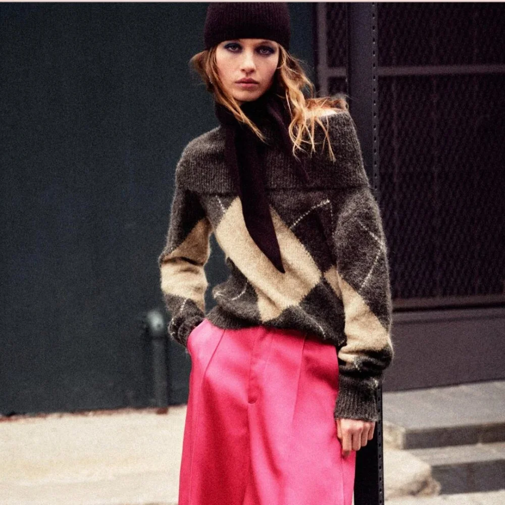 Zara, ARGYLE OFF-THE-SHOULDER KNIT SWEATER, M NWOT - Picture 2 of 4